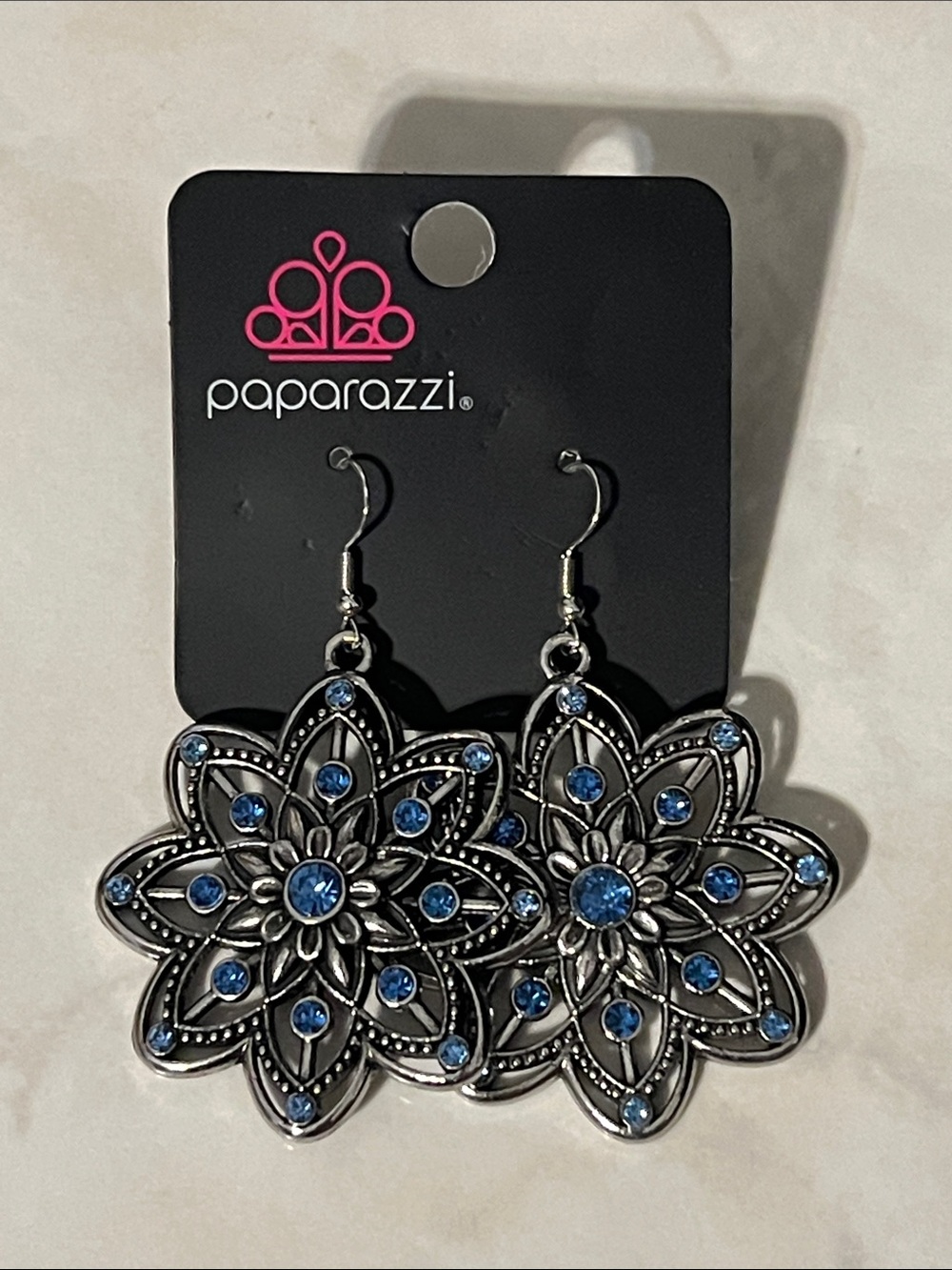 Paparazzi Silver-Tone Blue Floral Mandala Drop Earrings